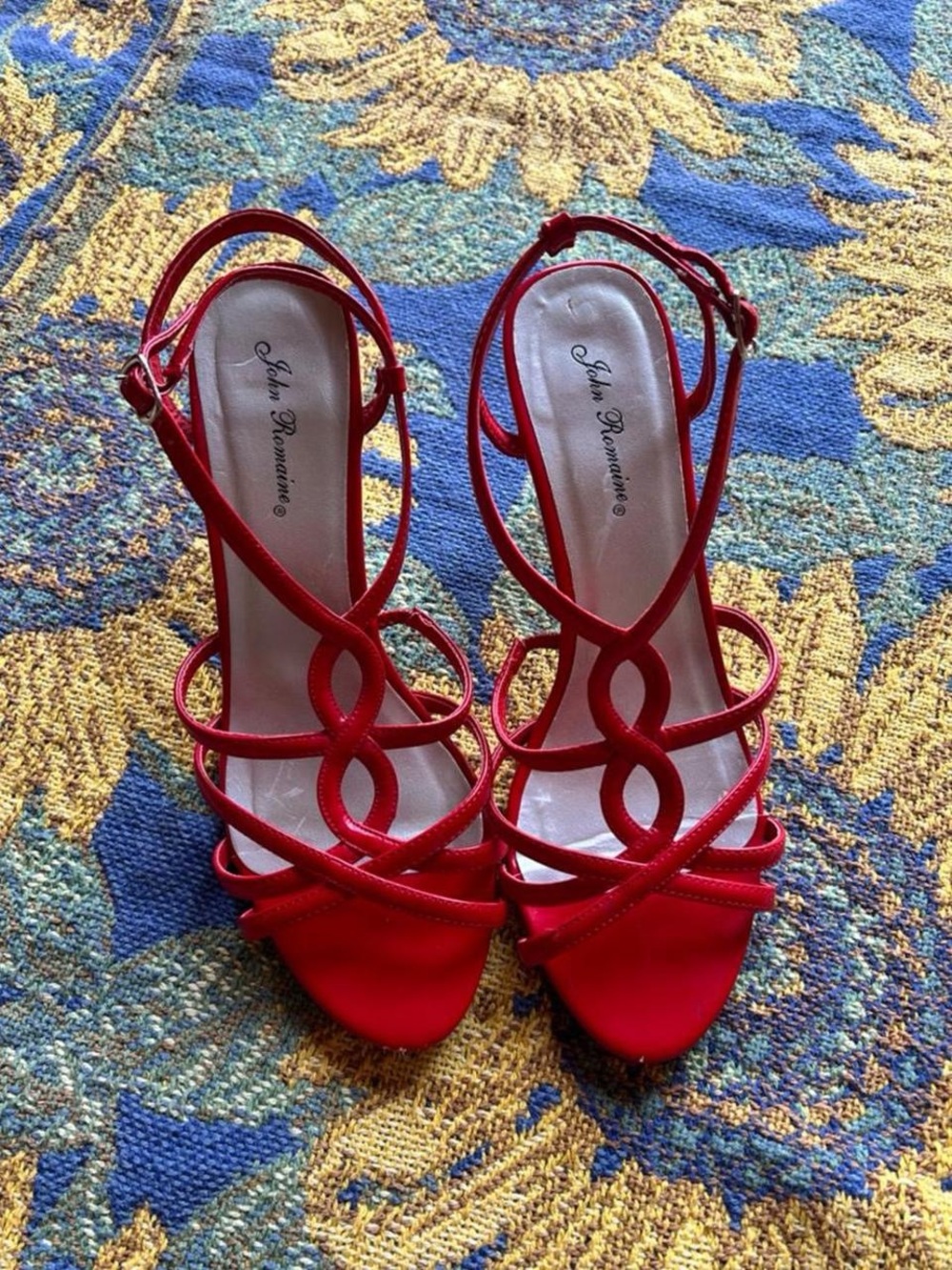 Vintage Y2K red strappy heels with a 3.5" heel by John Romaine